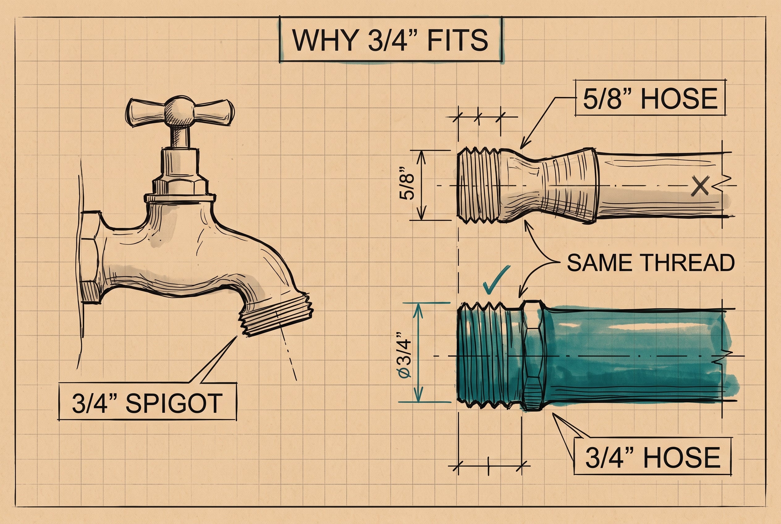 Why 3/4-inch fits: a 5/8-inch hose chokes a 3/4-inch spigot; a 3/4-inch hose fits full-bore